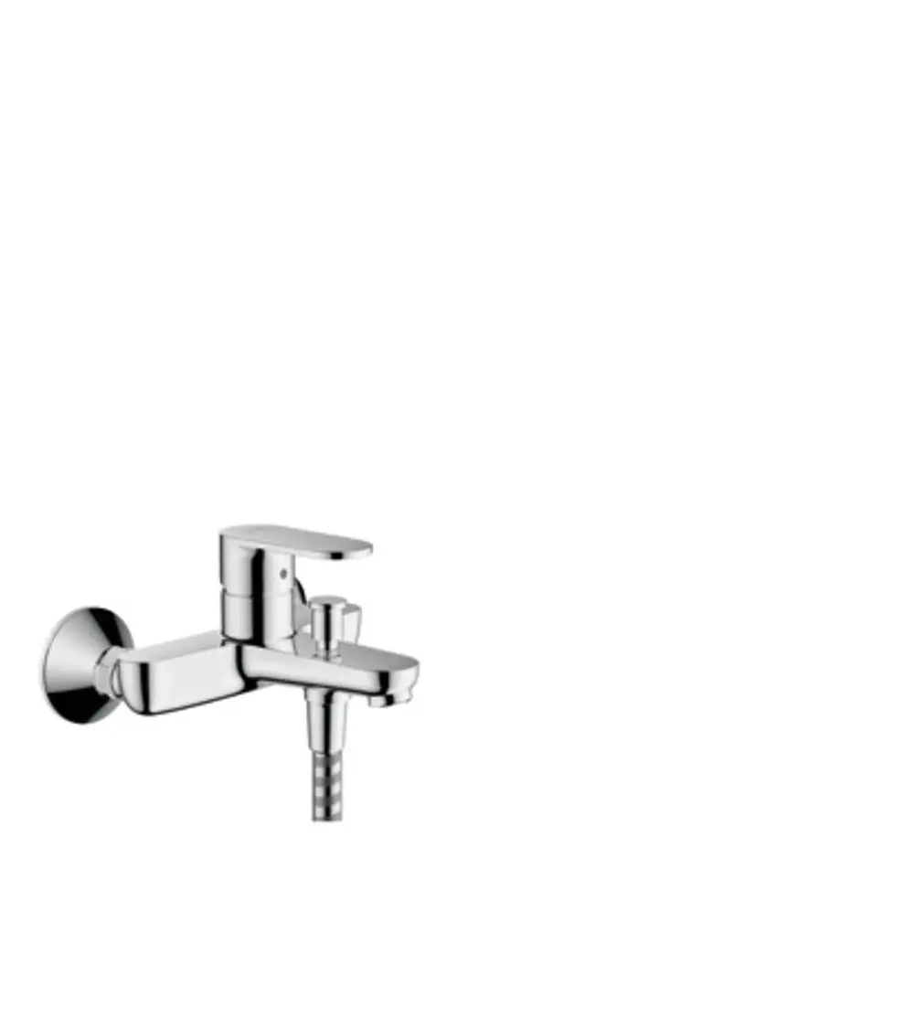 Einhebel-Wannenmischer von Hansgrohe in Chrom mit Wandmontage und flexibler Schlauchausführung.
